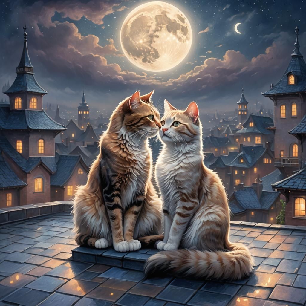 Cats Embrace Under Moonlight in Ethereal Fantasy Art