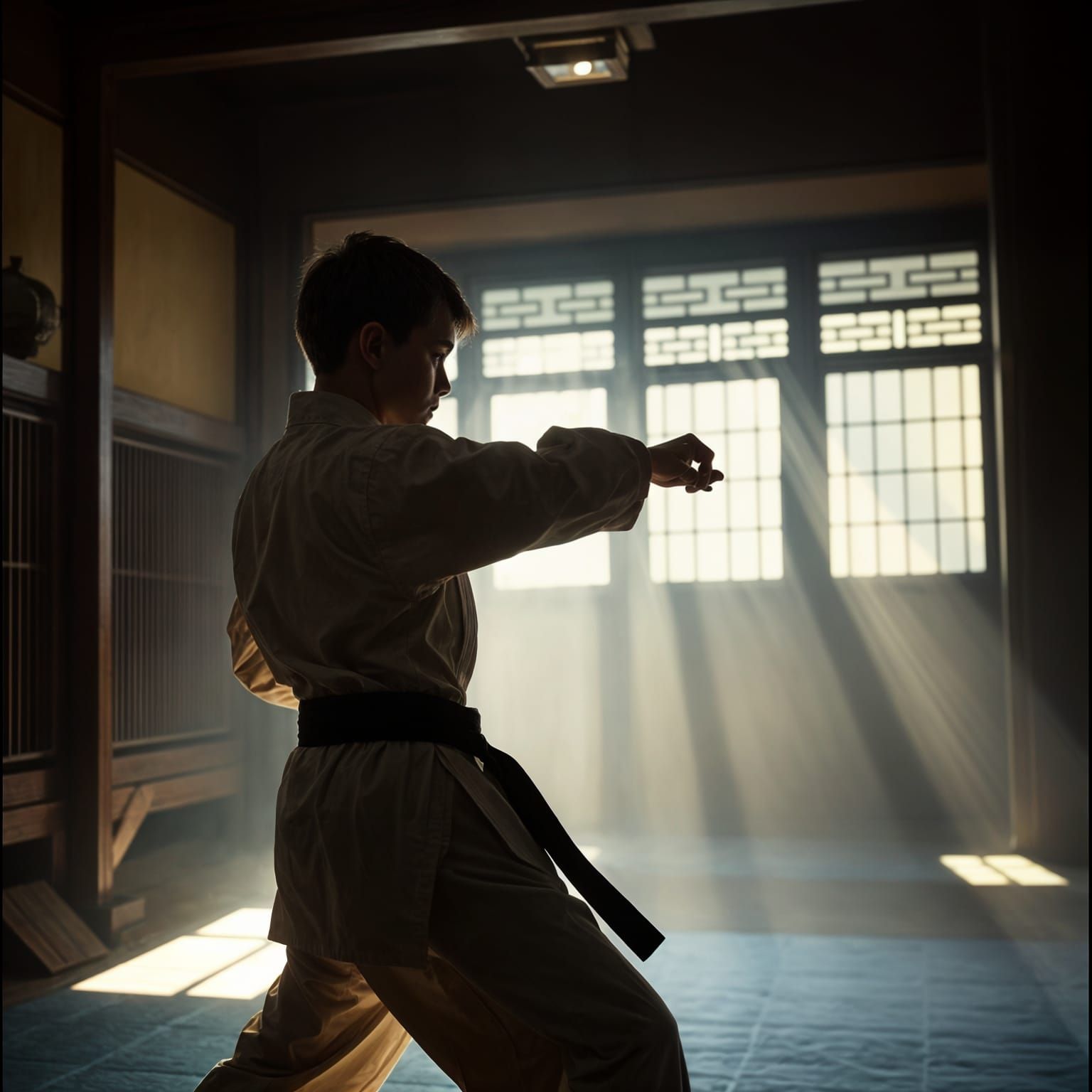 Karate Student in Dojo: Cinematic Film Still