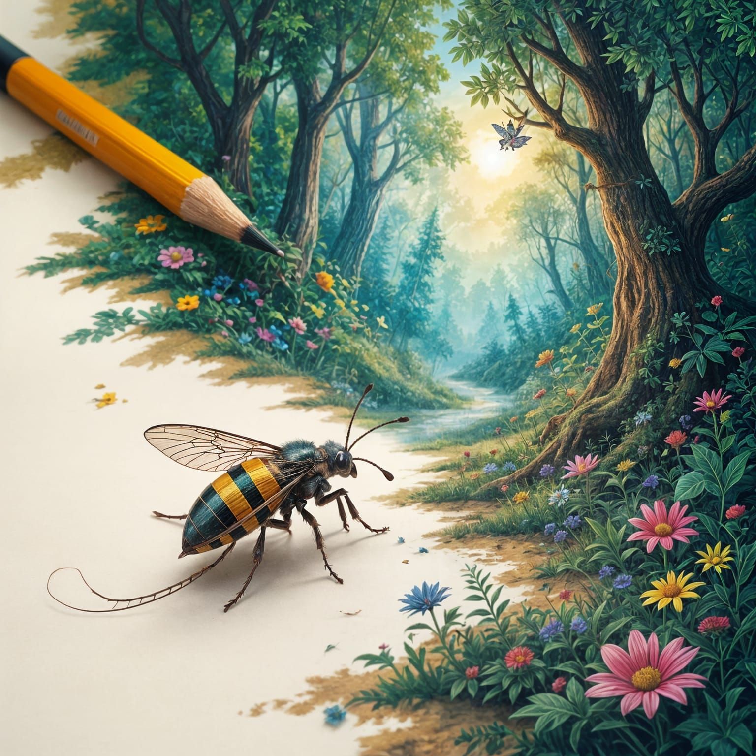 Whimsical Pencil Bug in Enchanted Forest Art