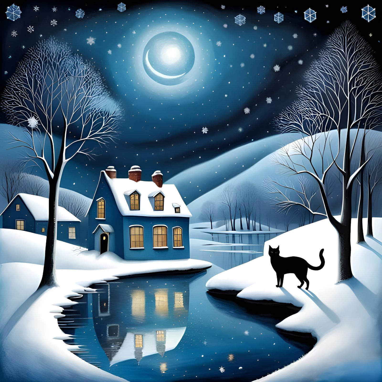 Winter Snowfall Scene Along Frozen River