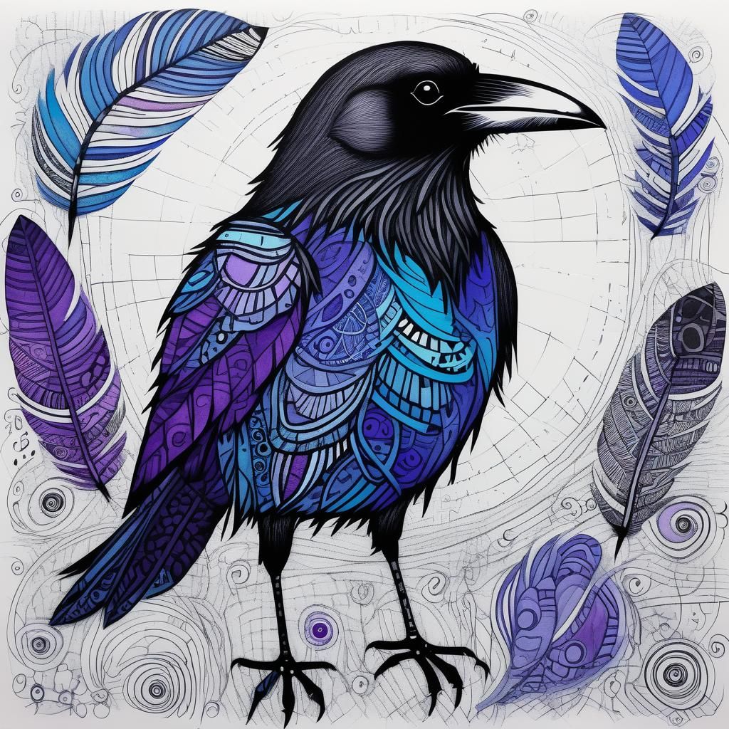 Vibrant Crow Doodle in Art Brut Style