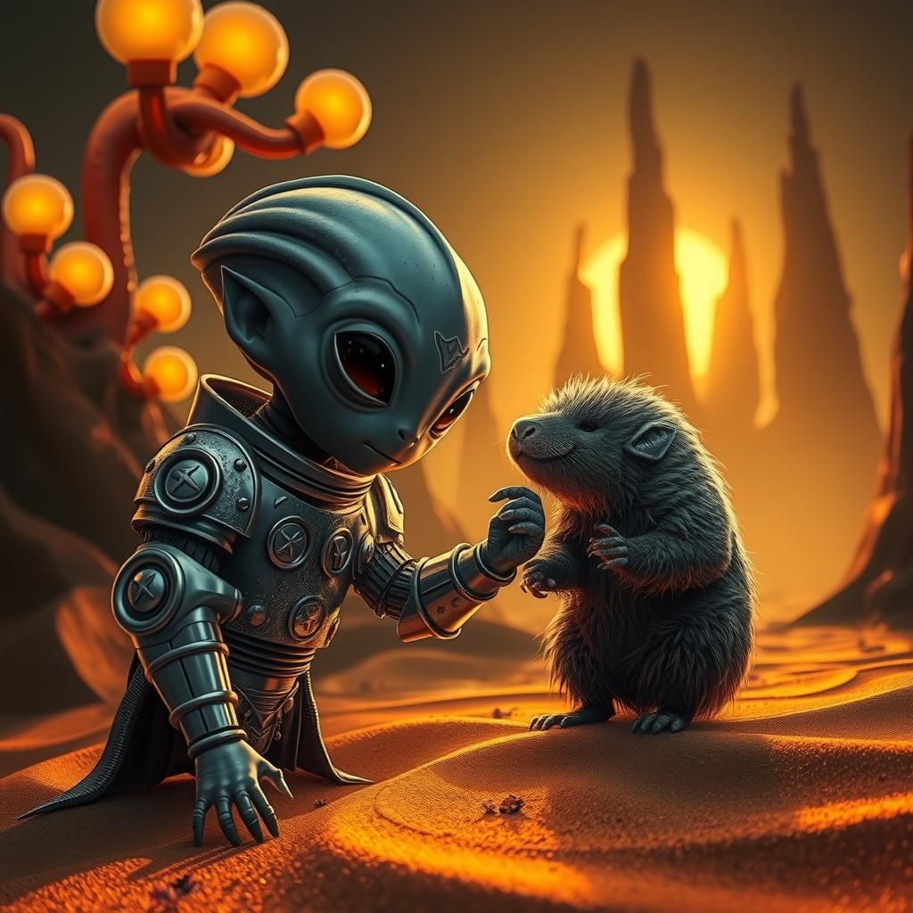 Alien Encounter with Gentle Mole in Surreal Landscape