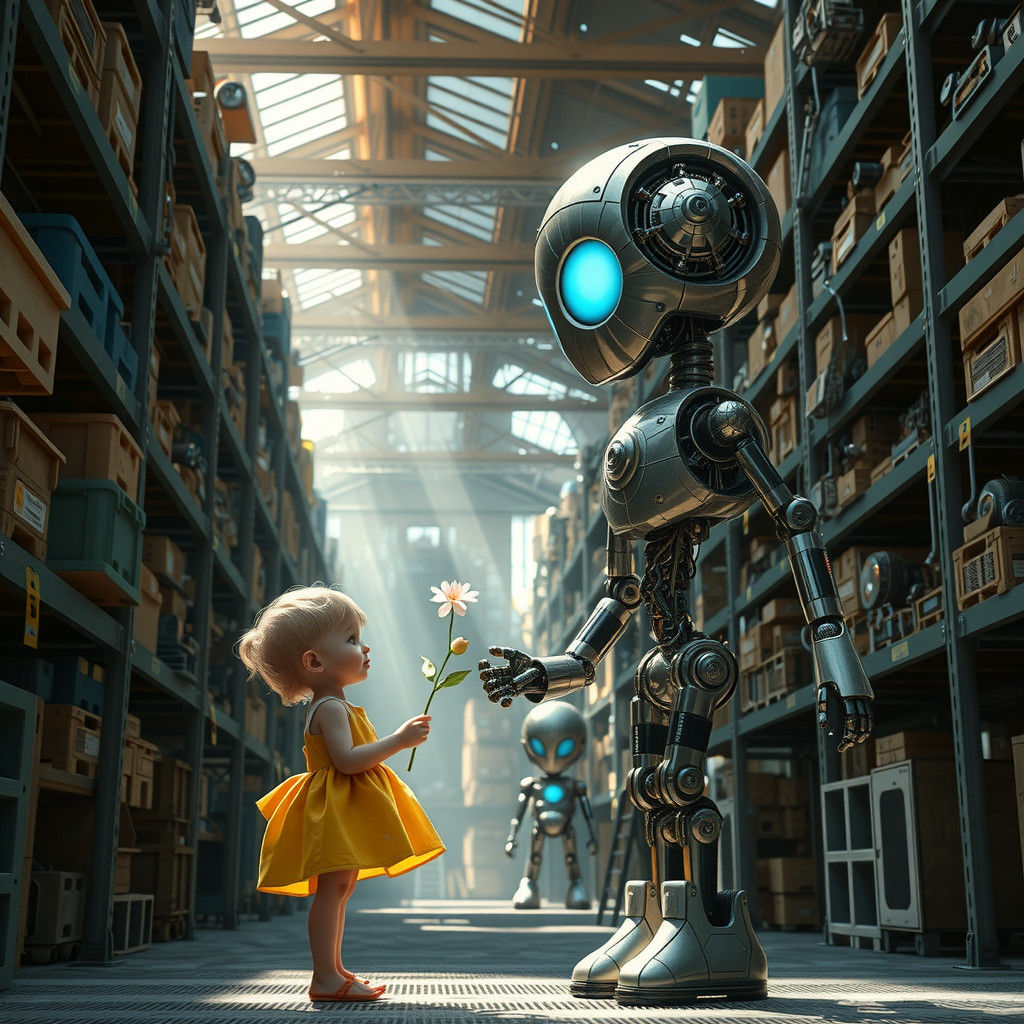 Child Offers Flower to Robot in Toy Factory