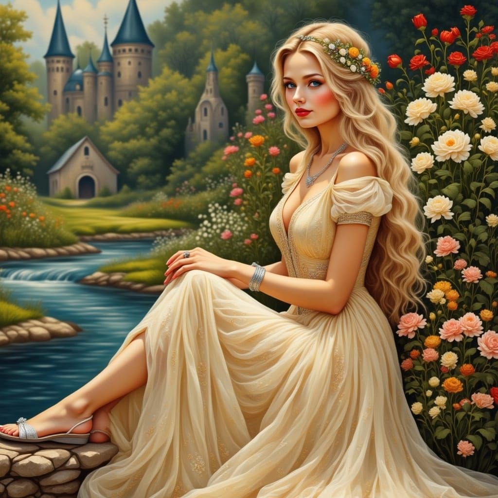 Beautiful Celtic Woman in Castle Garden, Romantic Art Style