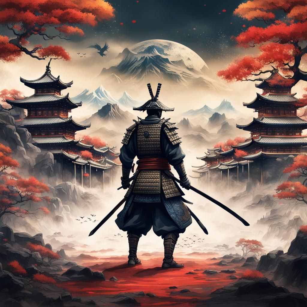 Samurai in Ink Wash Painting Style