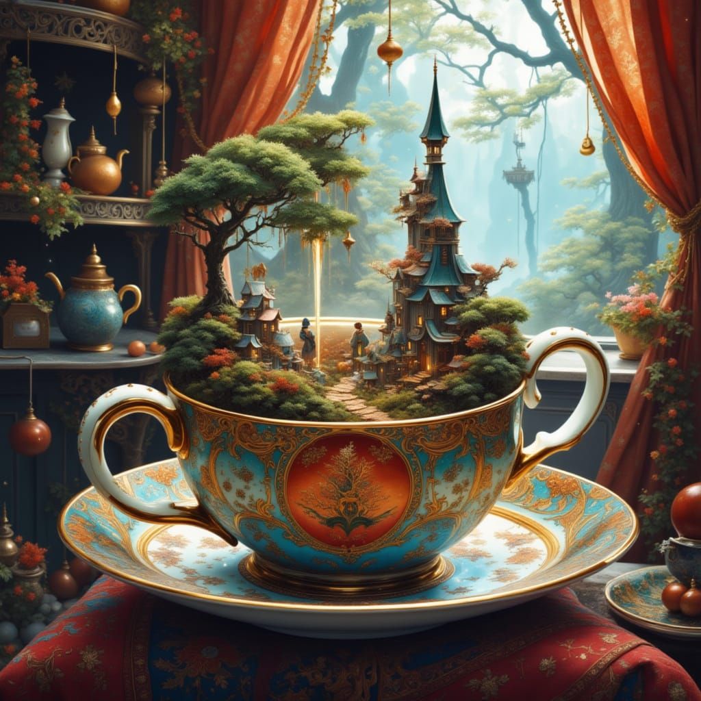 <lora:Melancholia:1.0>  A whimsical realist elf village is blended onto a saucer, nestled around an oversized Chinese co...