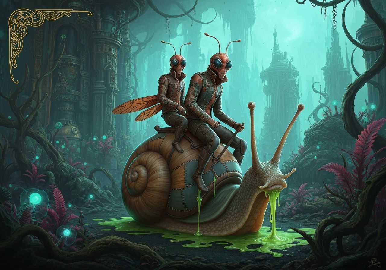 Insectoid Aliens Ride a Giant Snail in Steampunk Style