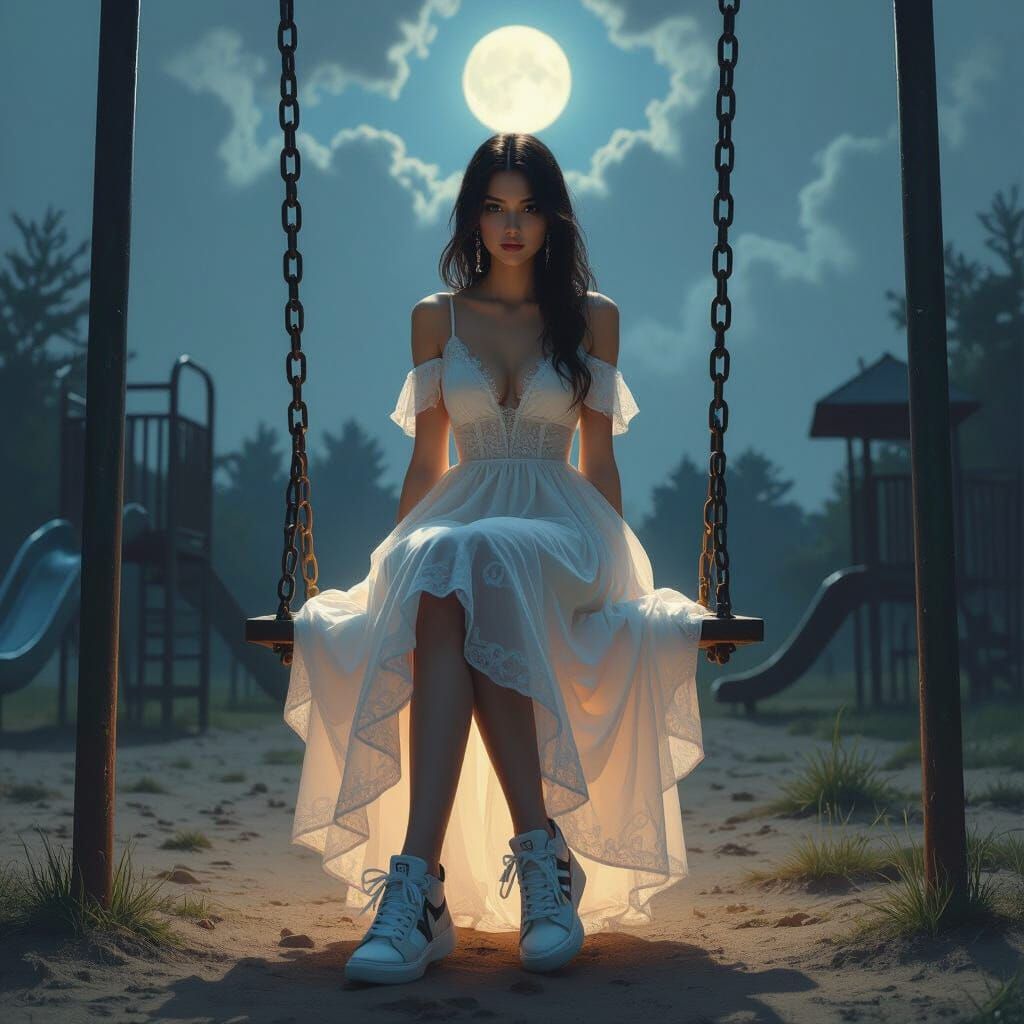 Ethereal Ghost on Moonlit Playground Swing Set