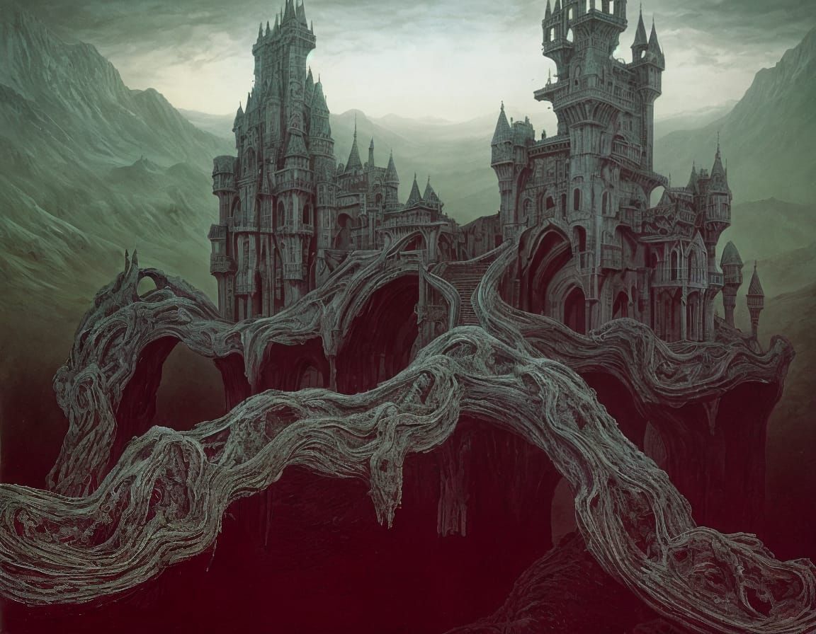 Surreal Medieval Fortress in Dreamlike Landscape