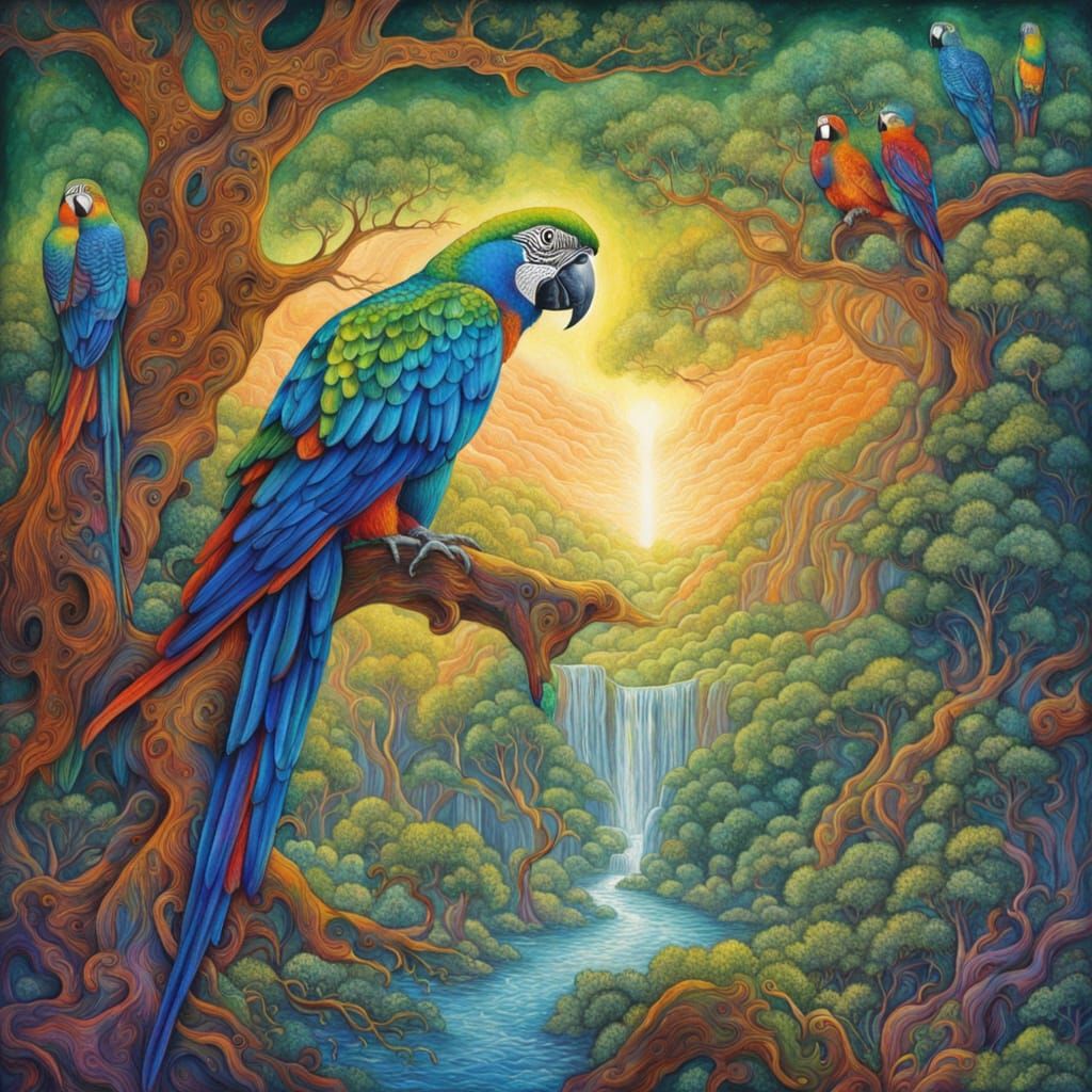 Vibrant Parrots in Astral Dreamscape