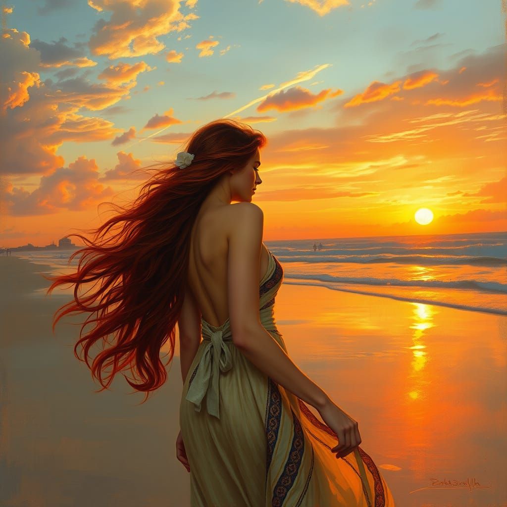 Sunset Beach Woman in Art Nouveau Style