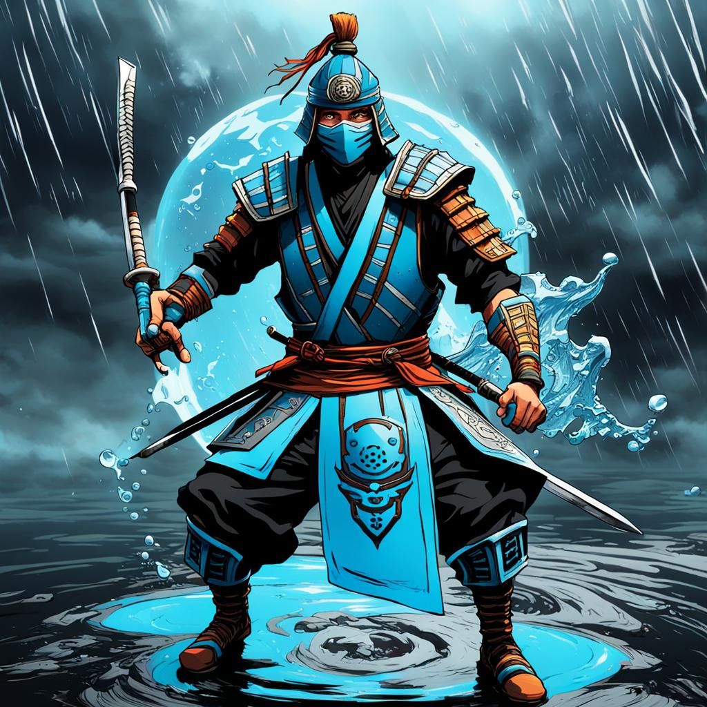 Cyan Samurai with Hydrokinetic Powers in Anime Style
