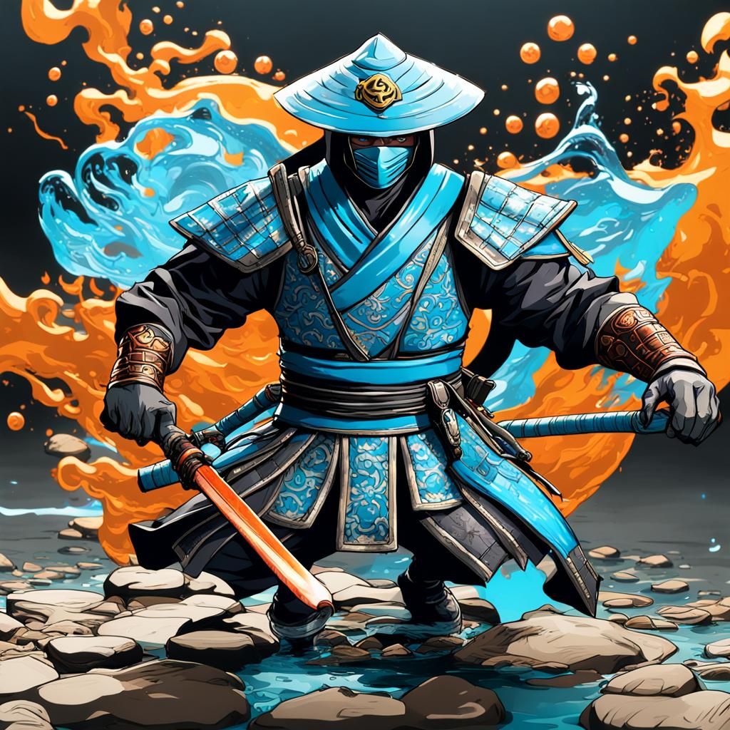 Cyan Samurai with Hydrokinetic Powers in Anime Style