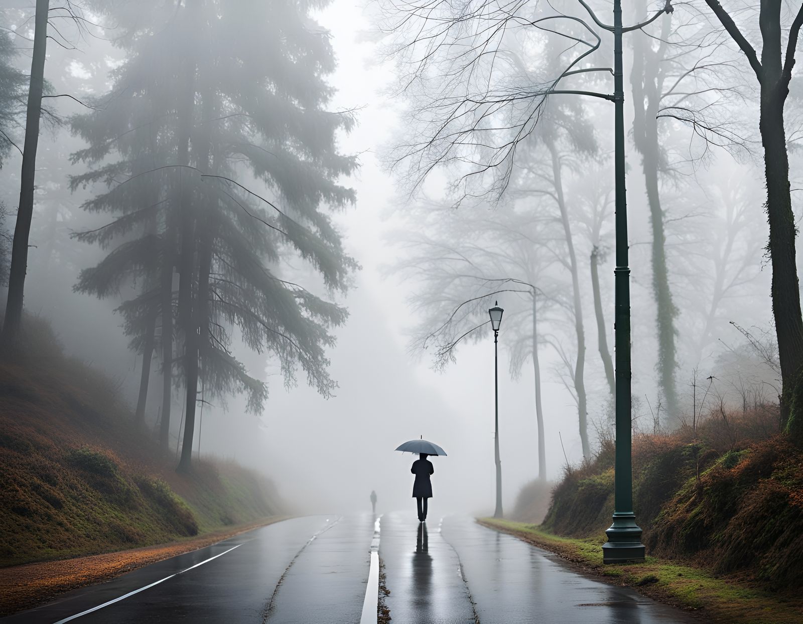 Foggy Winter Roadside Scene with Lamppost