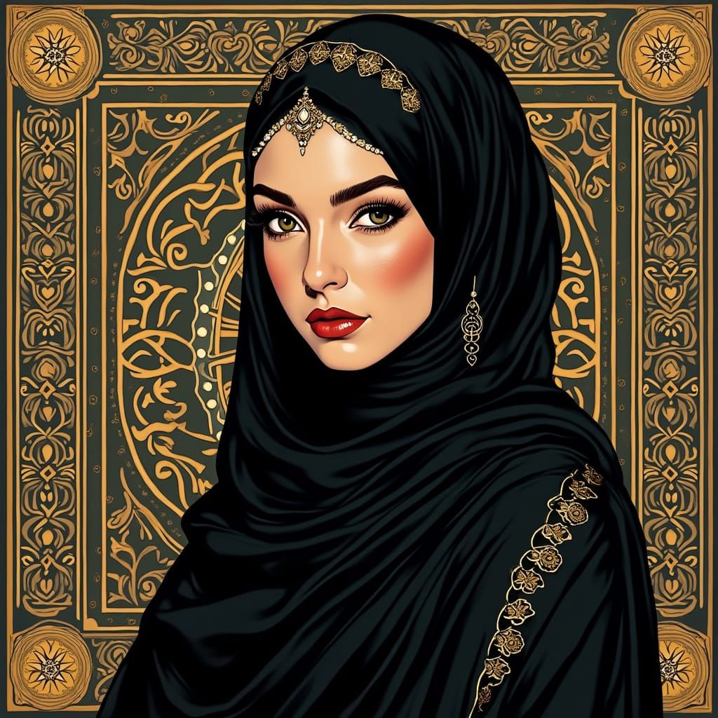Elegant Muslim Woman in Black Niqab with Intricate Islamic O...