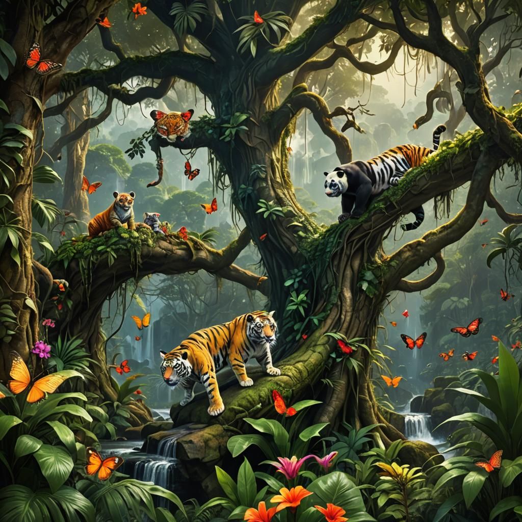 Lush Jungle Scene with Exotic Animals