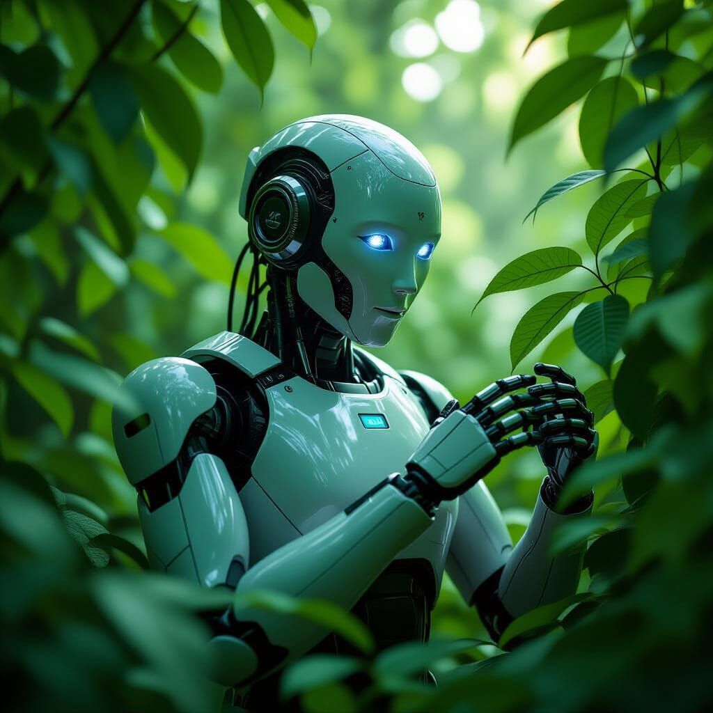 Robot Hiding in Lush Forest Canopy