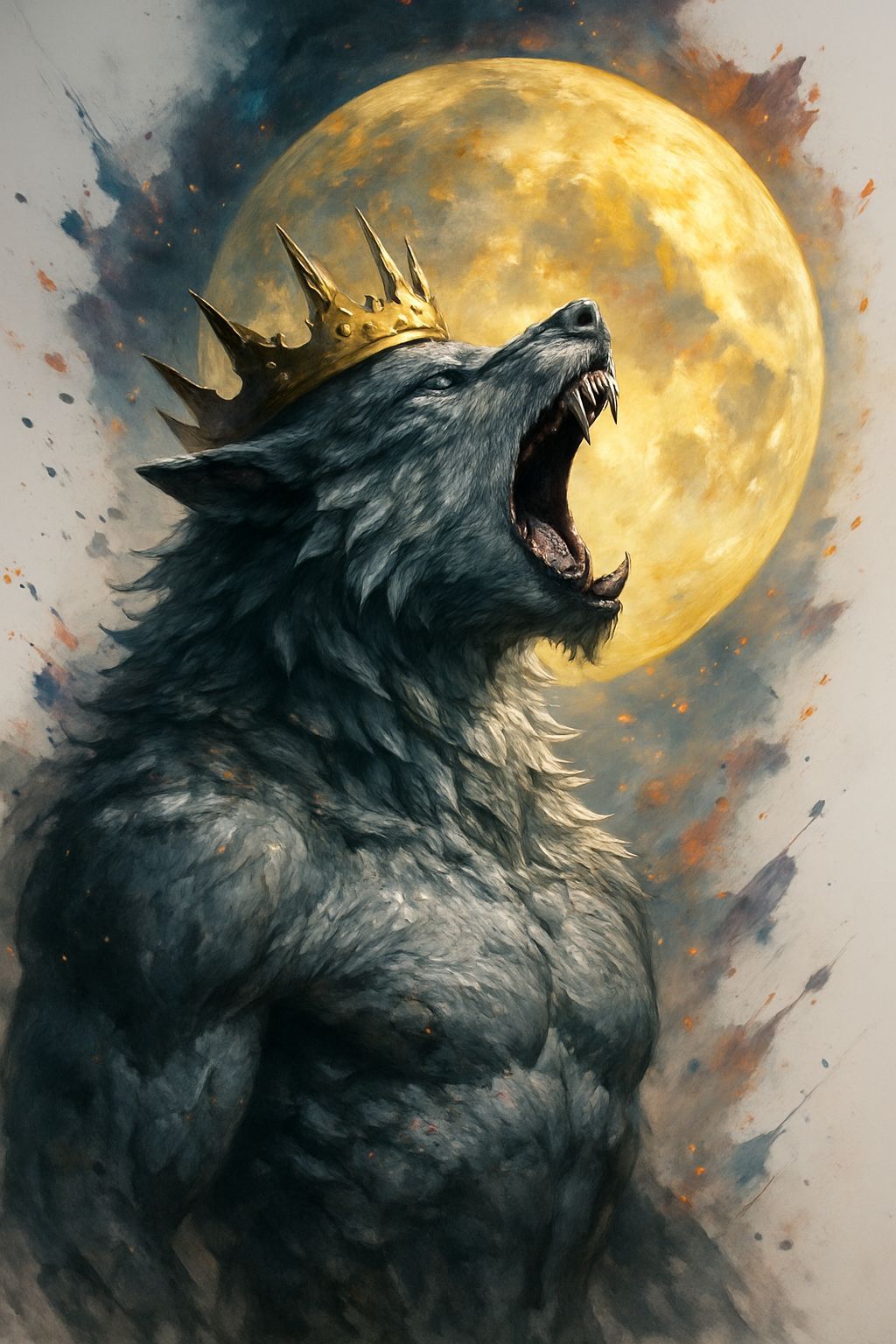 Werewolf Howling at Crowned Moon in Splash Art Style