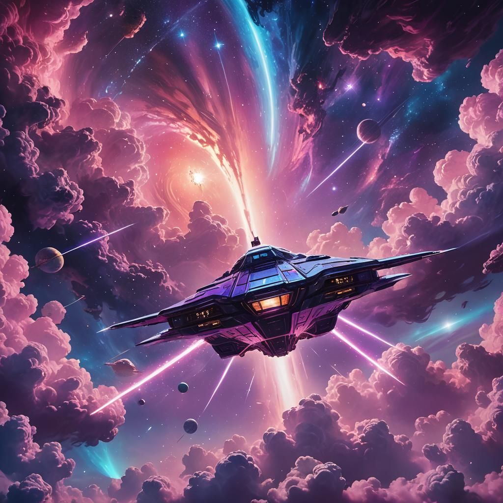 Spaceship in Pastel Galaxy: Digital Matte Painting