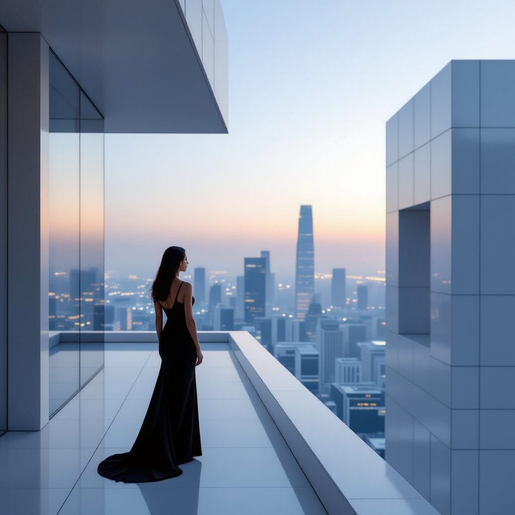 Woman on Balcony Overlooking Futuristic City at Dawn