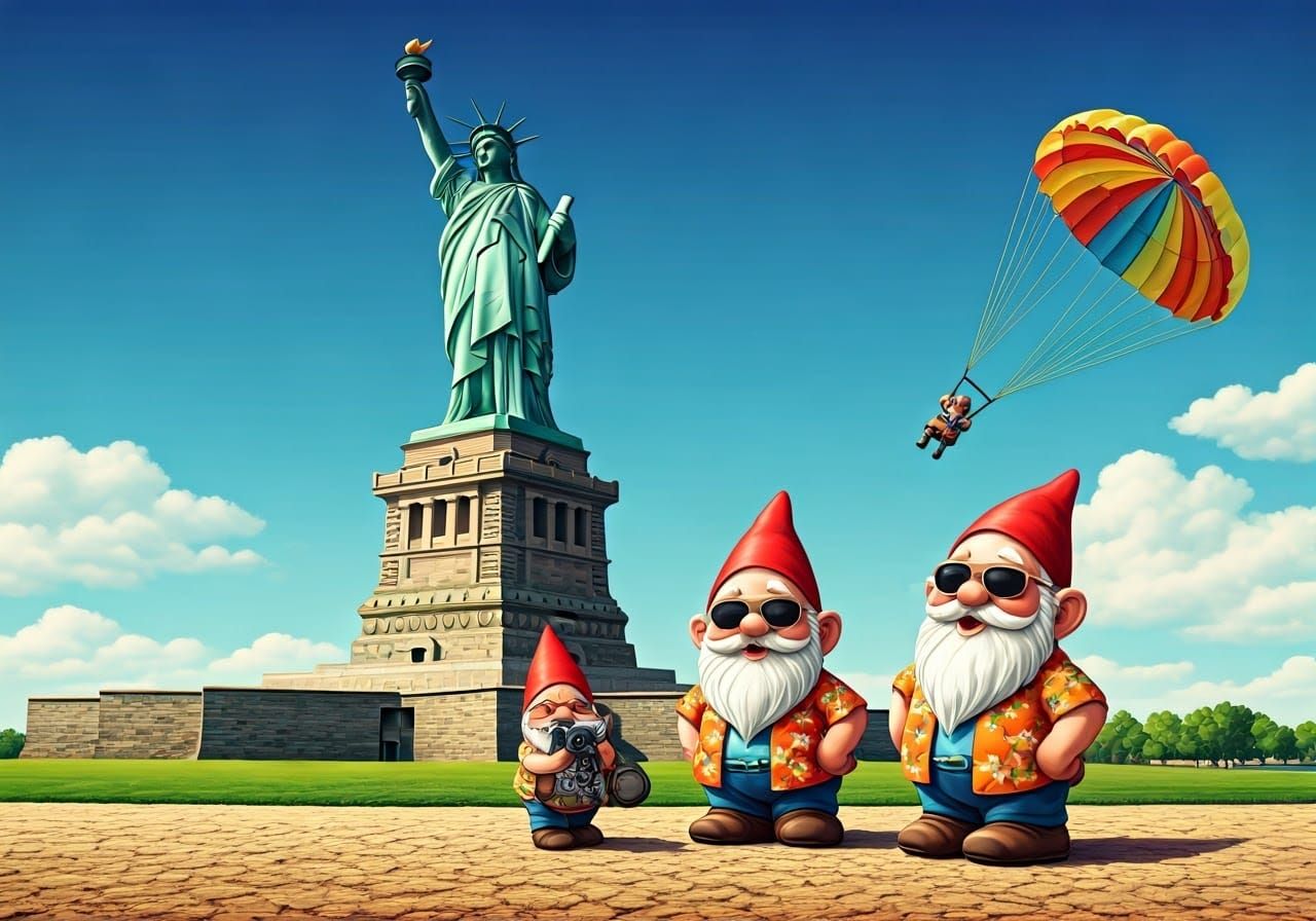 Garden Gnomes on Holiday at the Statue of Liberty