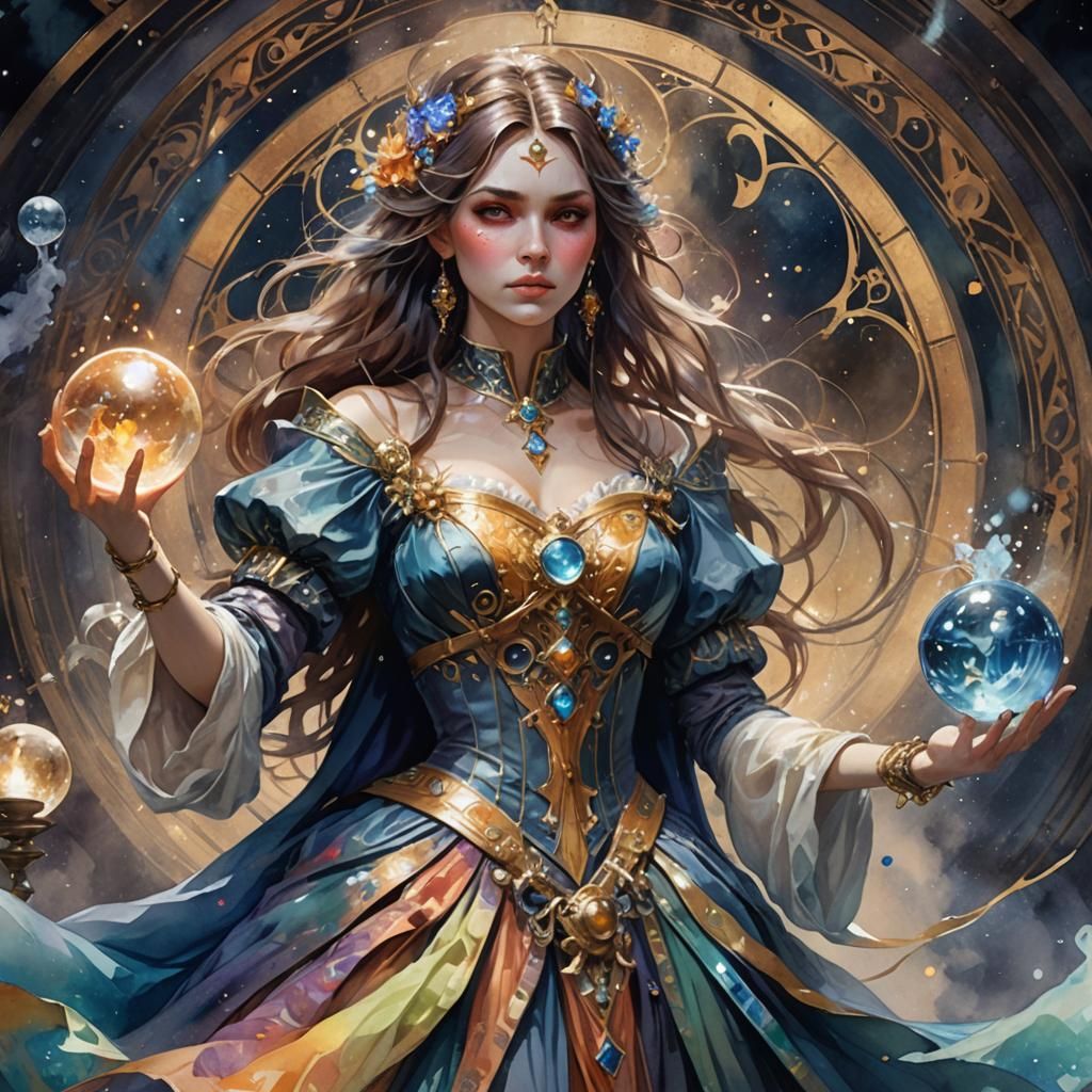 Watercolor Alchemist Conjuring Spirits, Detailed Portrait