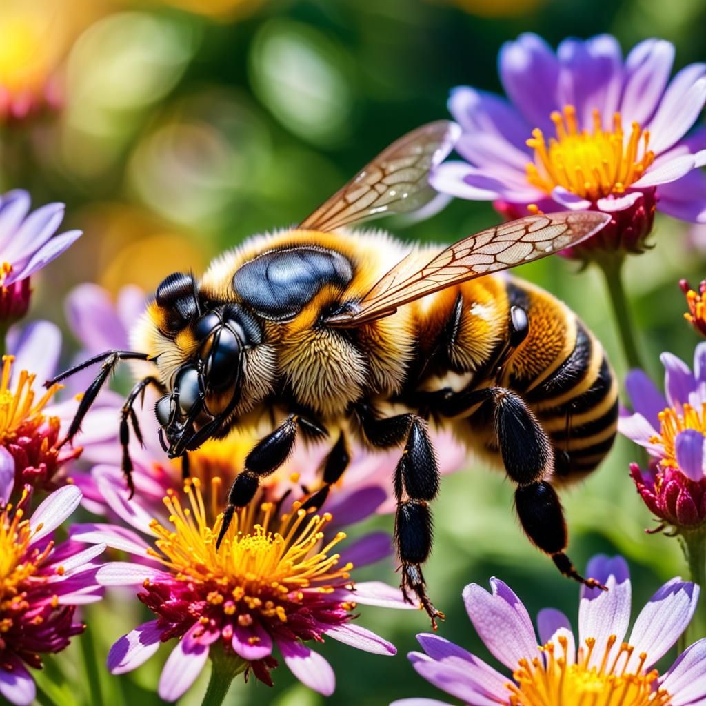 Macro Bee on Glittering Flower in Magical Garden