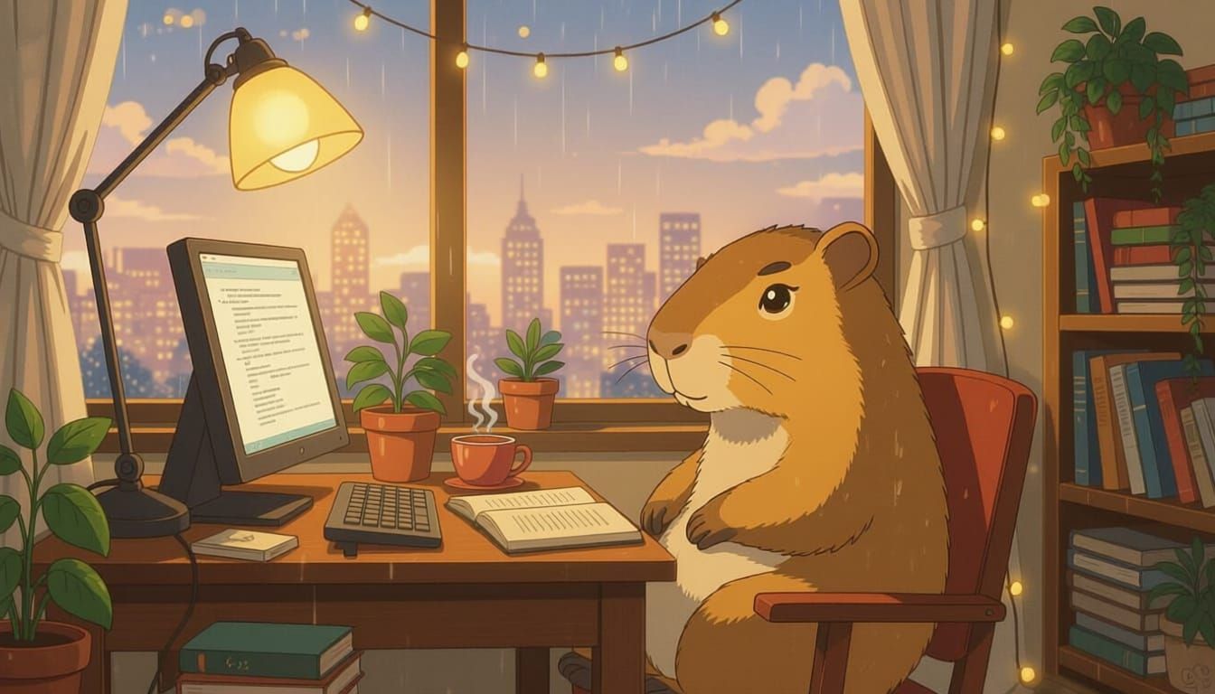 Cozy Capybara Studying in Lo-Fi Room