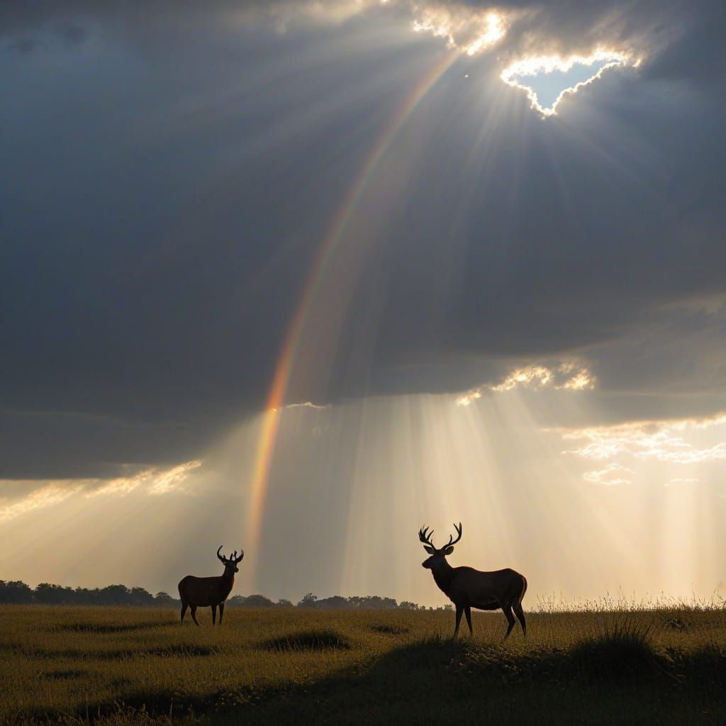 Ethereal God Rays Highlighting Twilight Animals