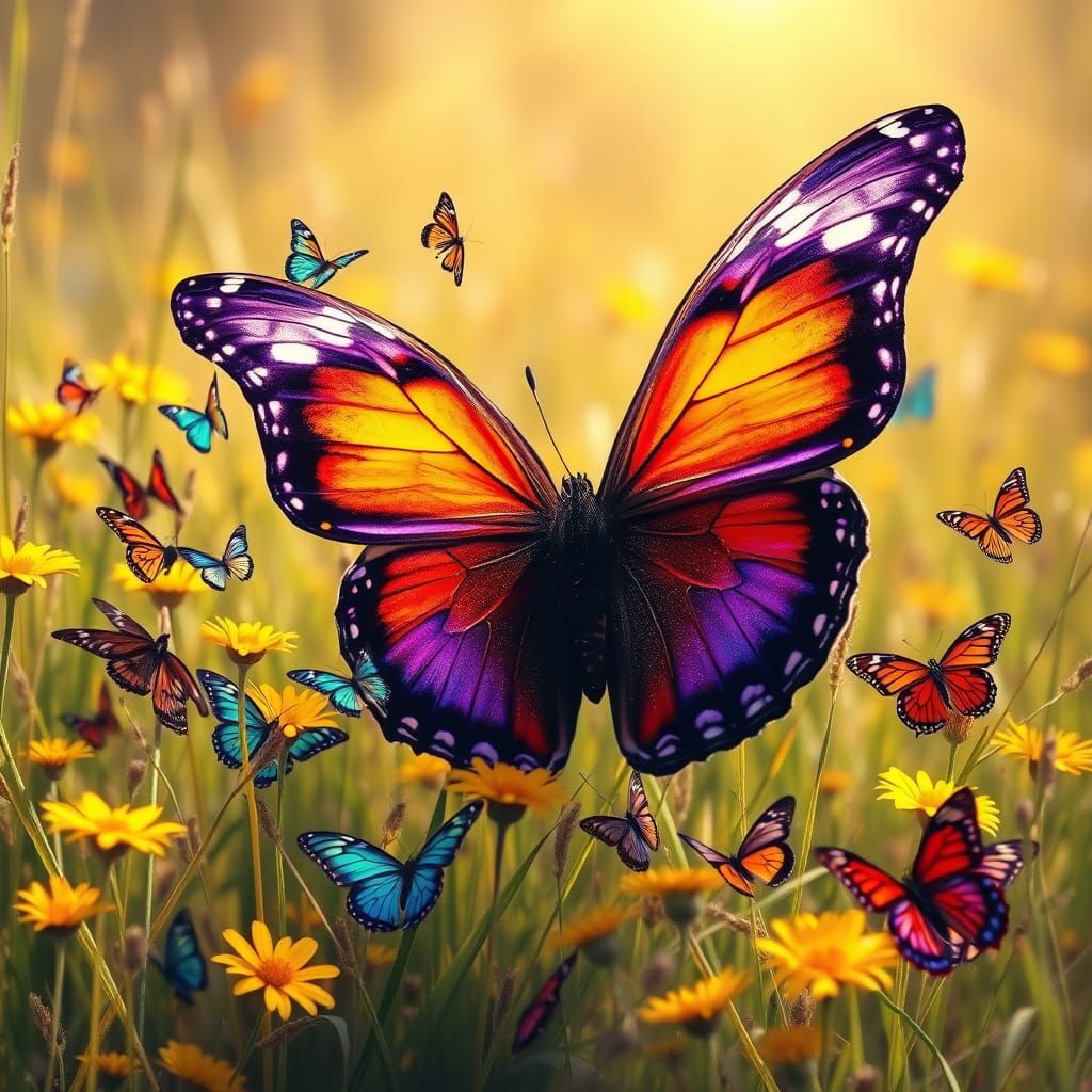 Majestic Butterfly in Sun-Kissed Meadow, Airbrush Art