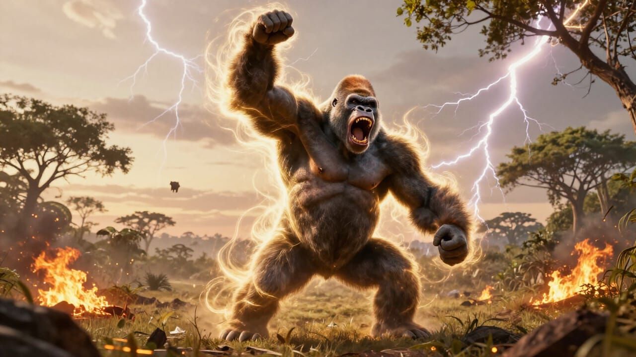 Hype Gorilla Screaming with Golden Aura and Lightning