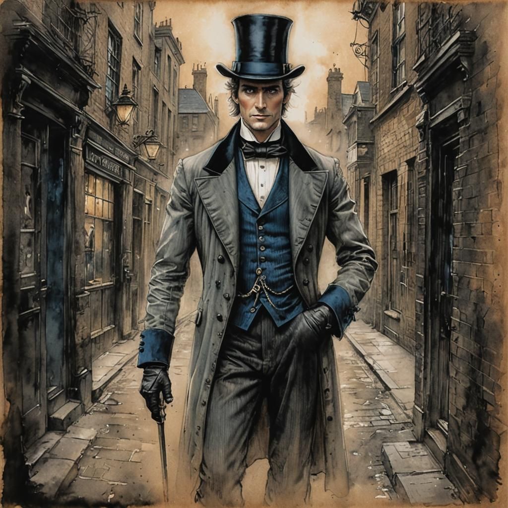 Gothic Gentleman in London Alleyway: Sketch Art