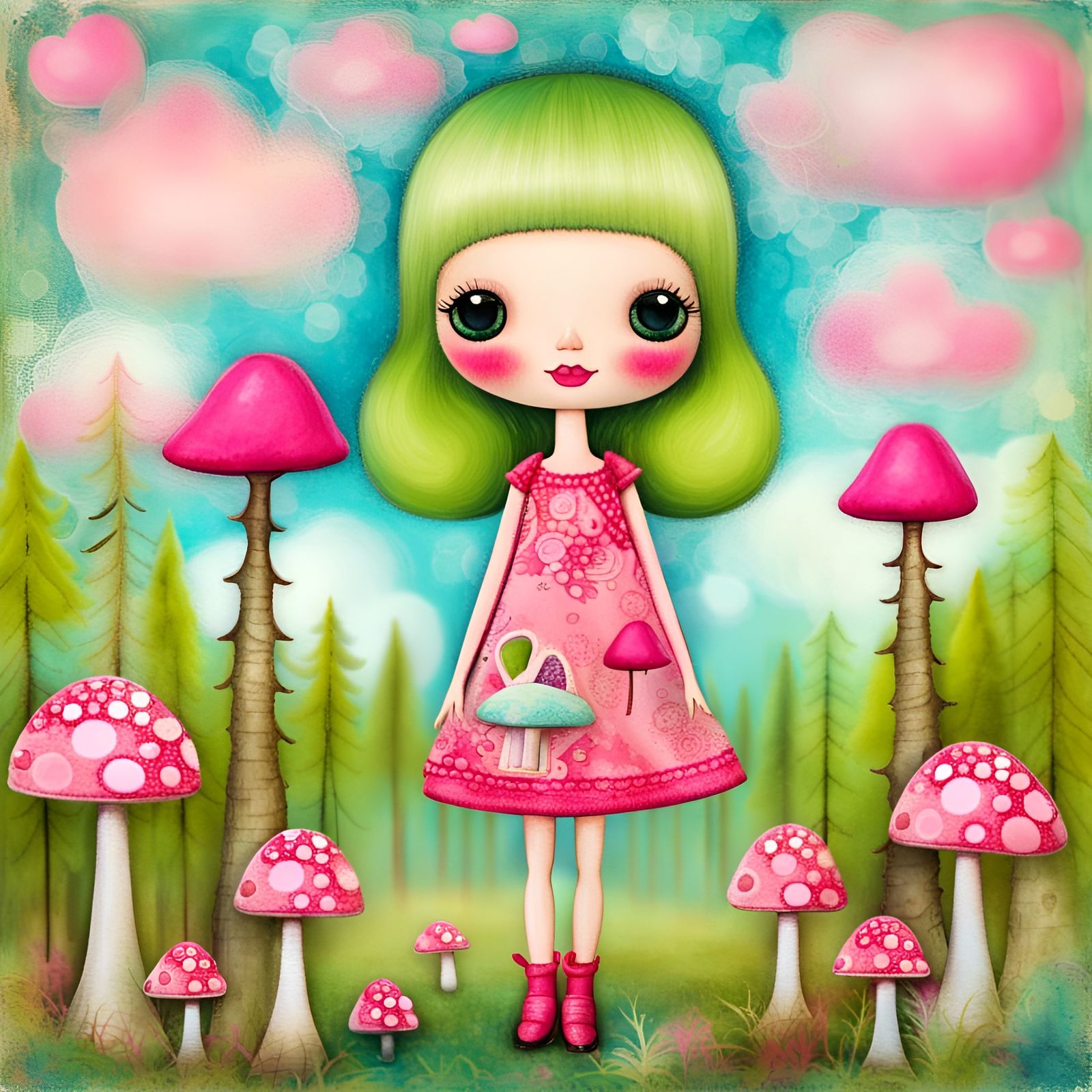 Adorable Blythe Doll in Lush Pink and Green Forest