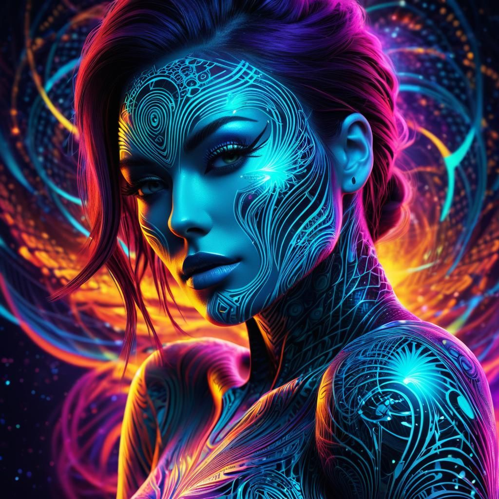Cybernetic Woman with Biometric Tattoos in Fractal Style