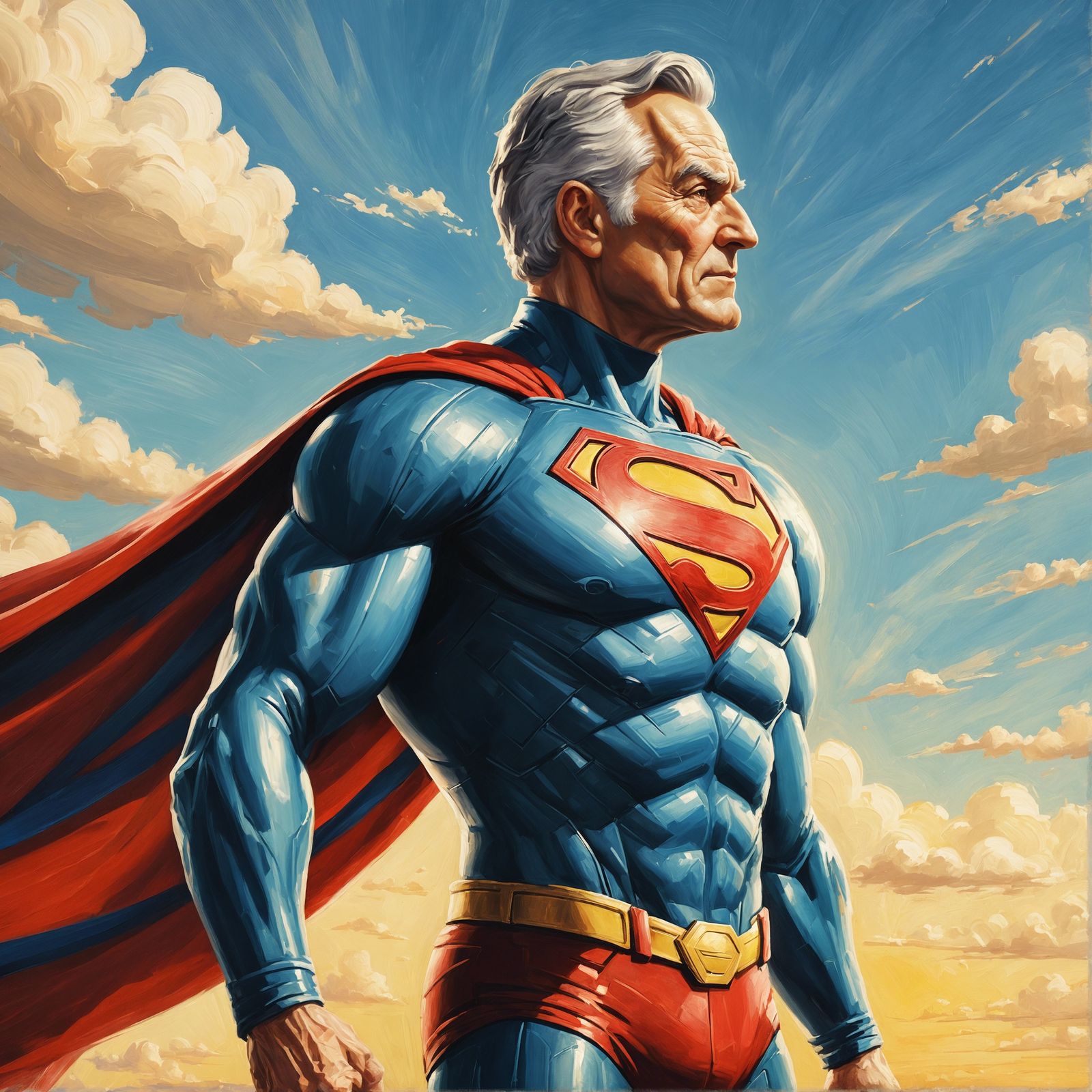 Aged Superhero in Oil Painting Style with Sunny Backdrop