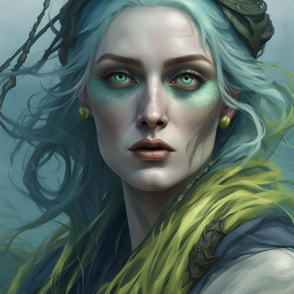 Enchanting Sea Hag Sorceress in Swamp, Hyperdetailed Art