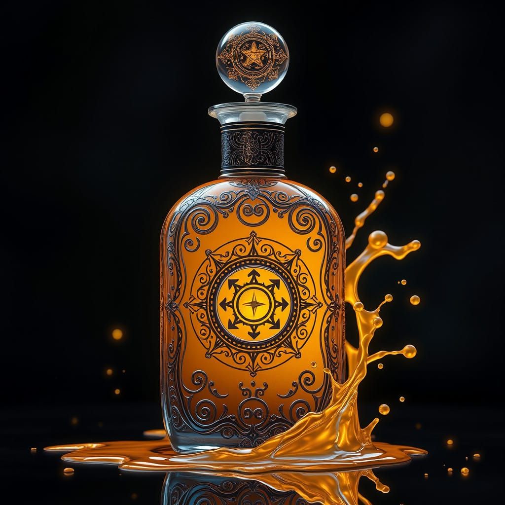 Glowing Caramel Perfume Bottle in Mystical, Fantasy Art Styl...