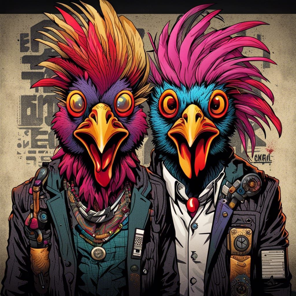 Anthropomorphic Rooster Gangster in Biopunk Sci-Fi Style