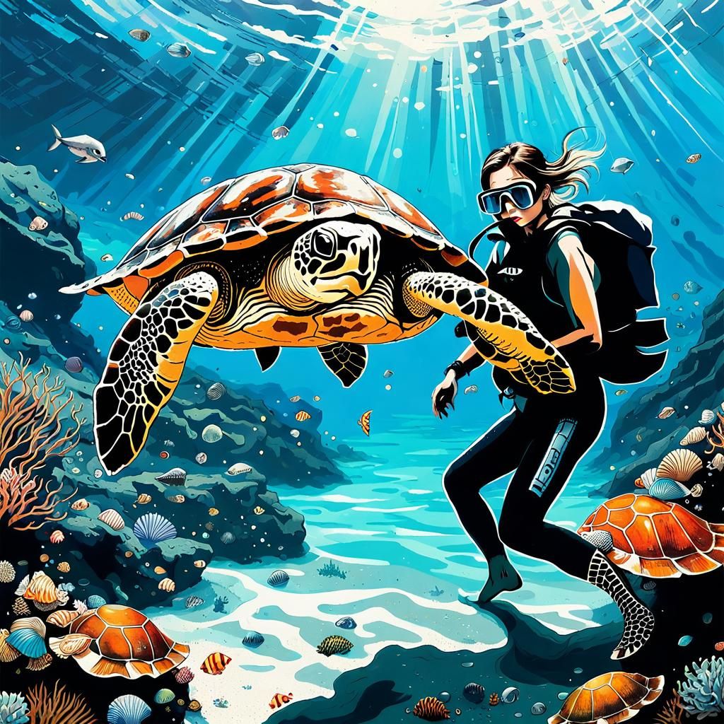 Underwater Scene with Turtle in Hyperdetailed Style