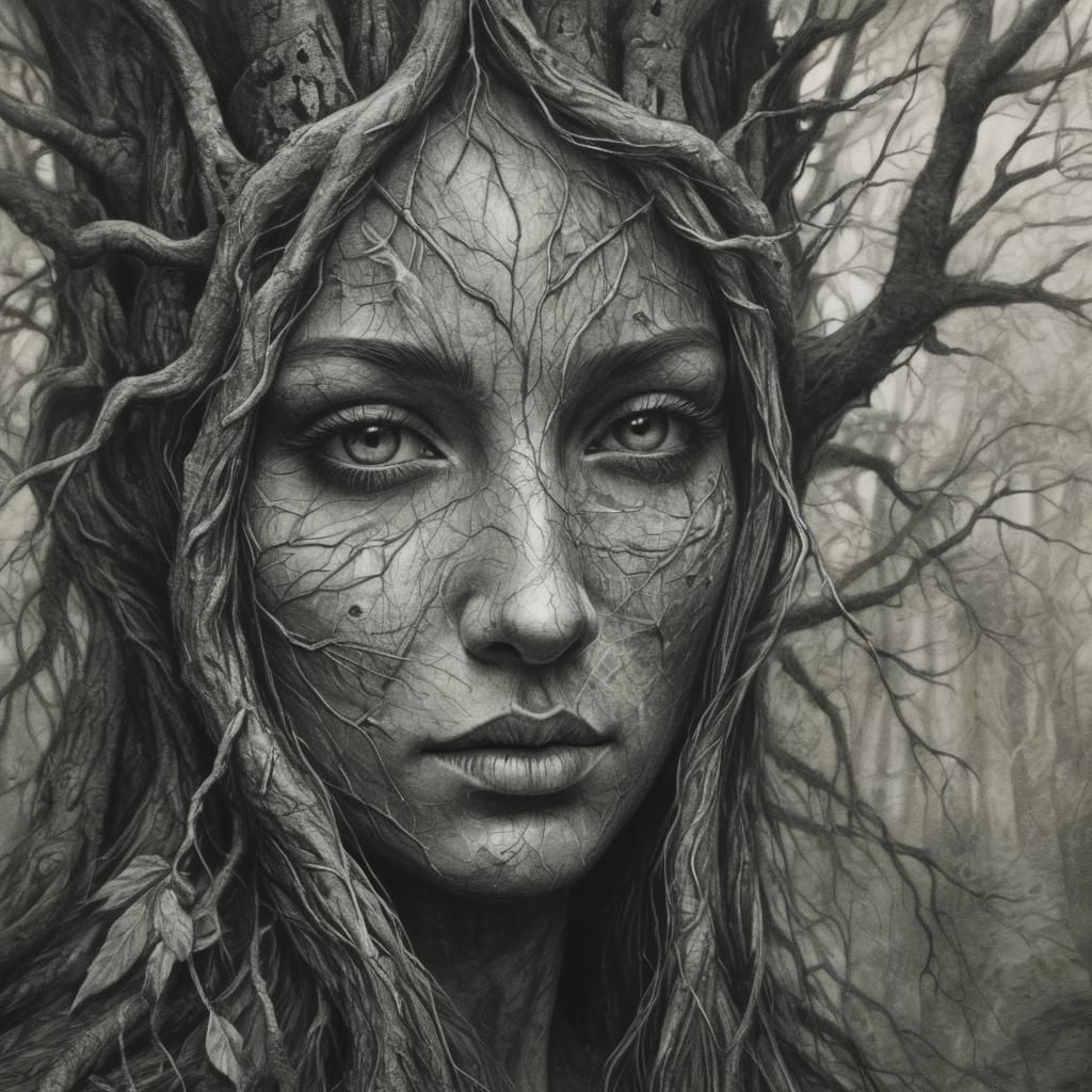 Detailed Charcoal Drawing of a Feminine Tree Spirit