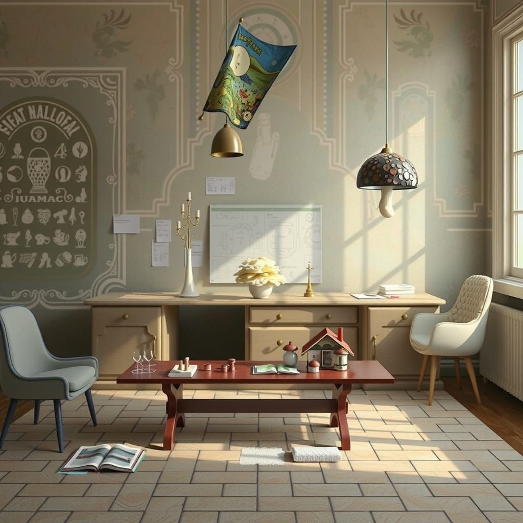 Surreal Hyperreal Scene: Mushroom Flag in Papier-Mâché Box