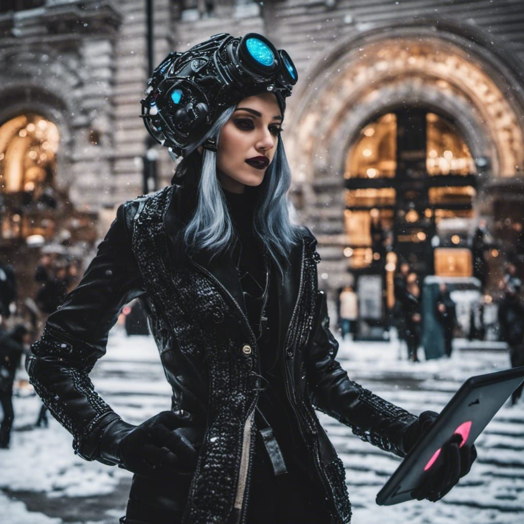 Goth Woman Interacts with Sci-Fi ATM Console