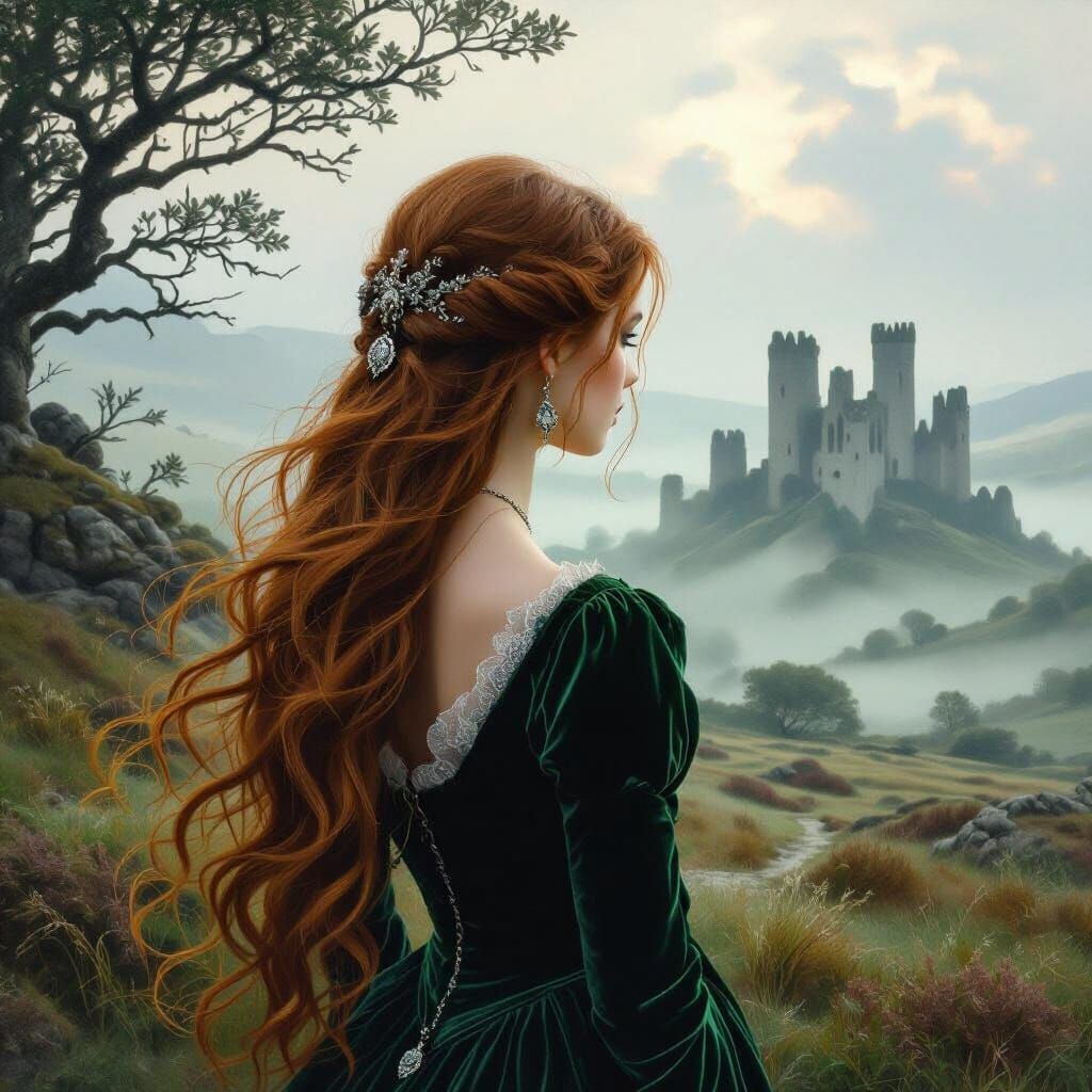 Woman at Misty Moor in Pre-Raphaelite Style