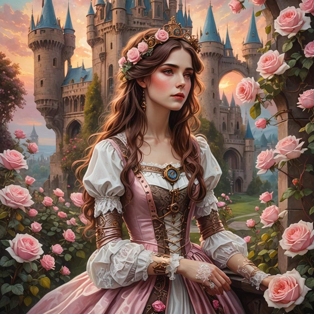Steampunk Woman with Roses in Pre-Raphaelite Style