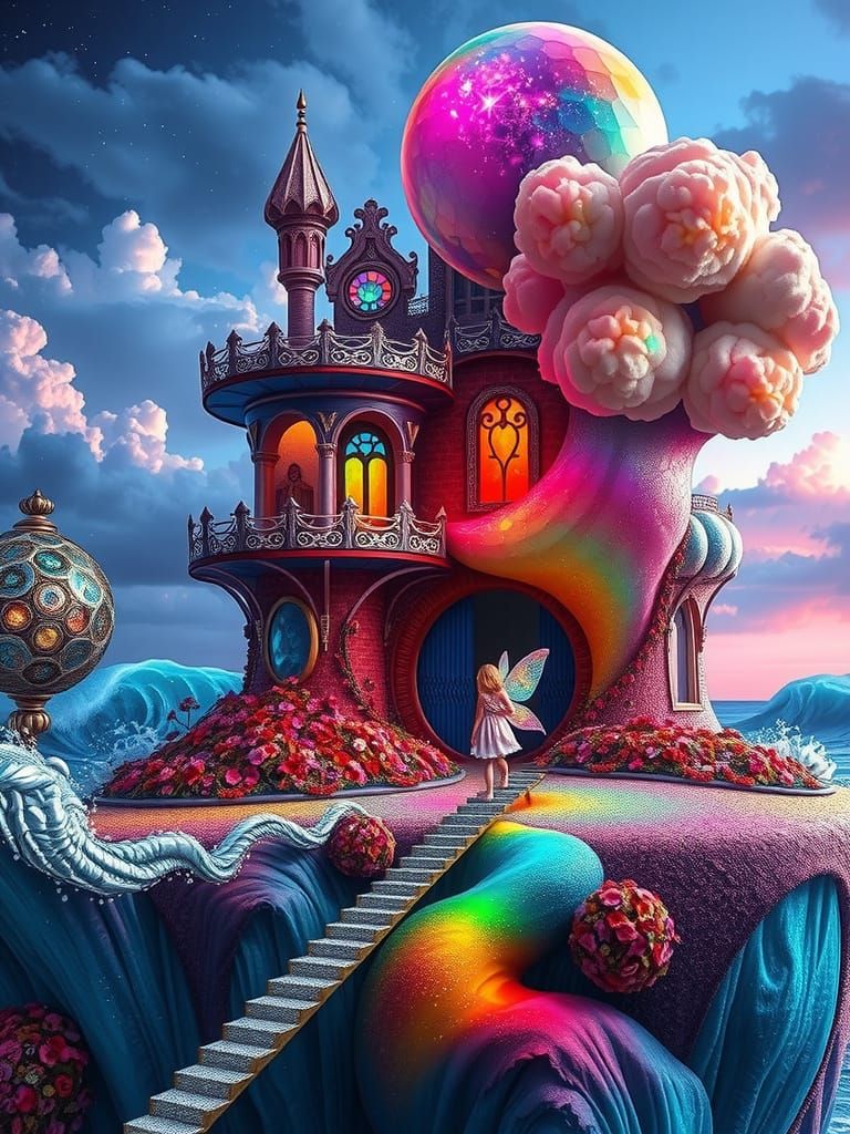 A resplendent, crystal-encrusted fairy castle, with delicate turrets and sweeping arches, rises dramatically from a vibr...