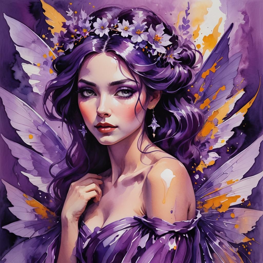 Purple Fairy Woman in Gouache Style