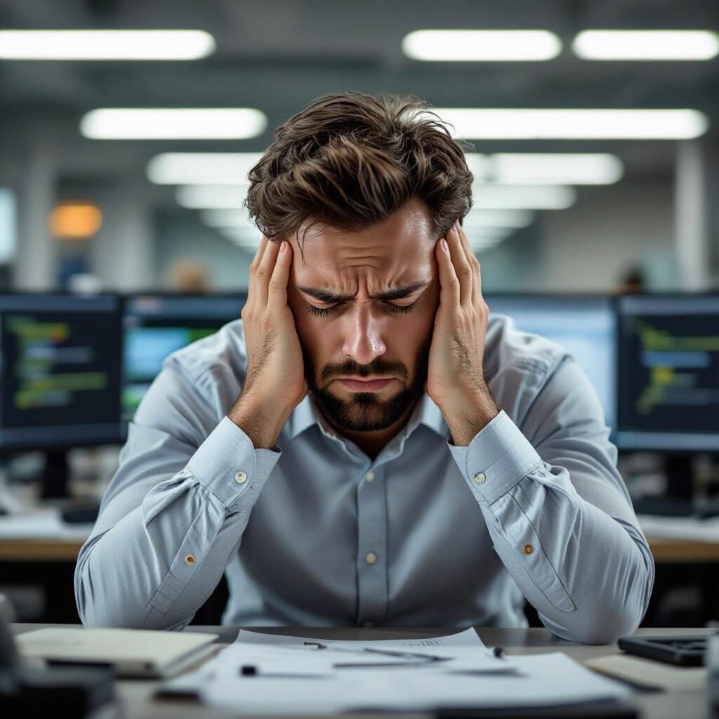 Stressed Office Worker Eyes Closed in Overwhelm
