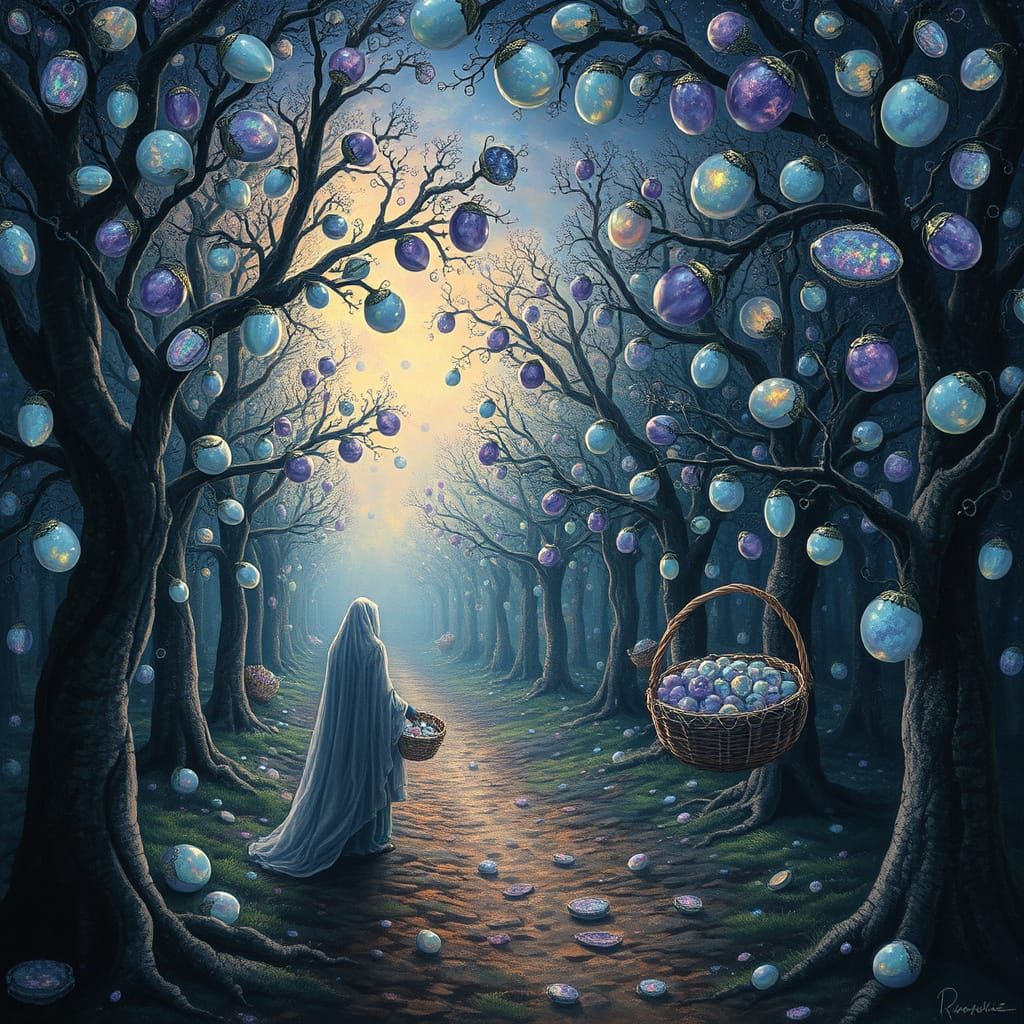 Dreamlike Orchard with Gemstone Fruit, in Klimt Style