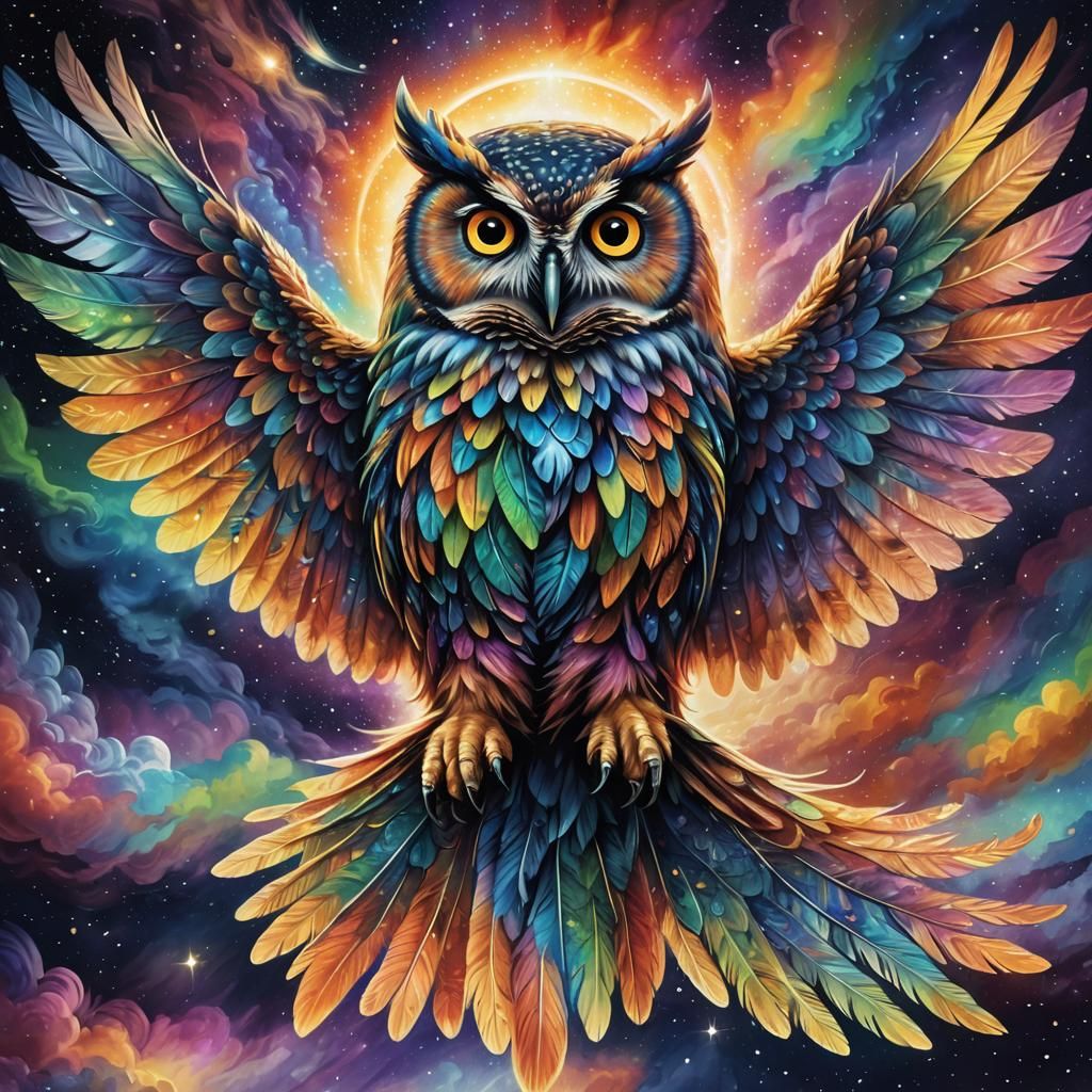 Rainbow Owl Soaring Through Cosmic Skies