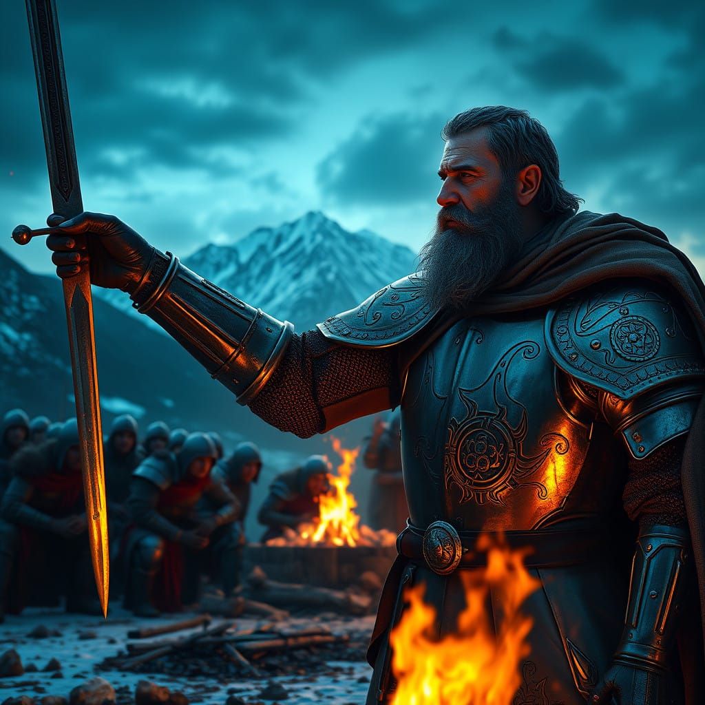 Knight in Shining Armor Points Sword at Snowy Mountains